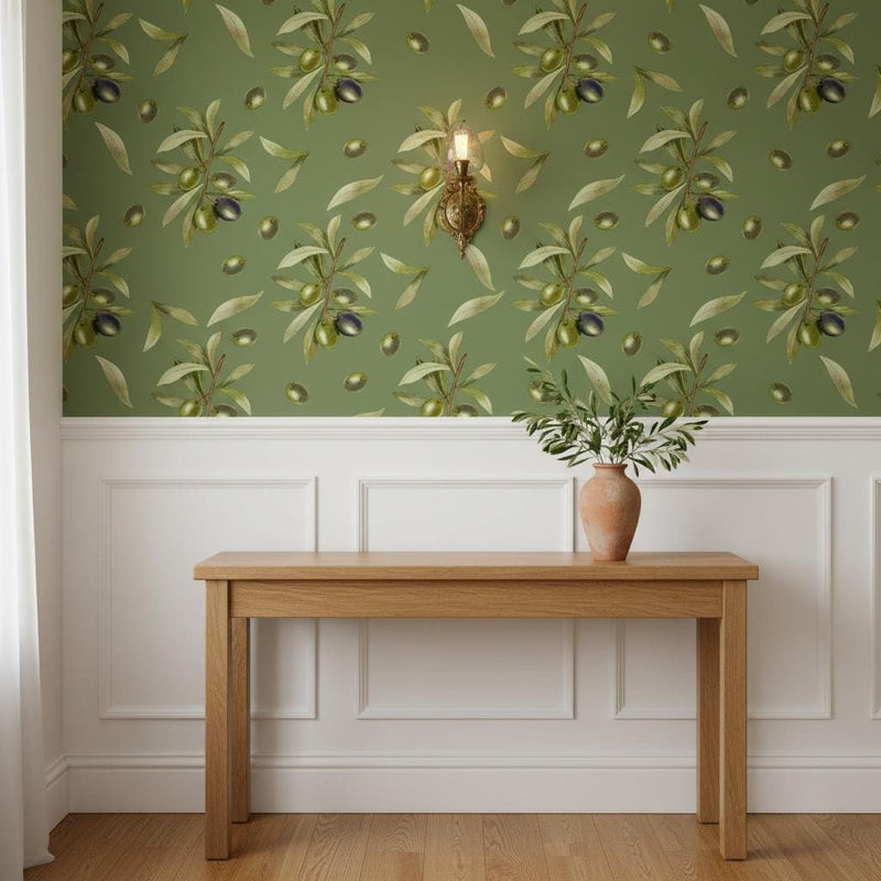 Olive Branch Peel and Stick Wallpaper | Sage Green Mediterranean Wall Mural | Tuscan Kitchen Wallpaper