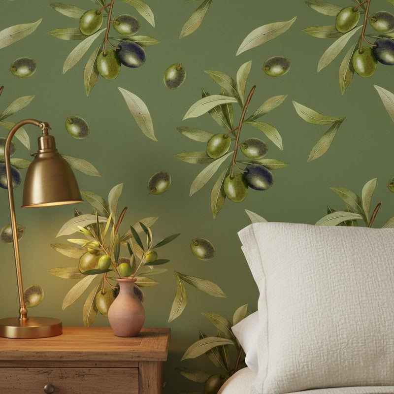 Olive Branch Peel and Stick Wallpaper | Sage Green Mediterranean Wall Mural | Tuscan Kitchen Wallpaper