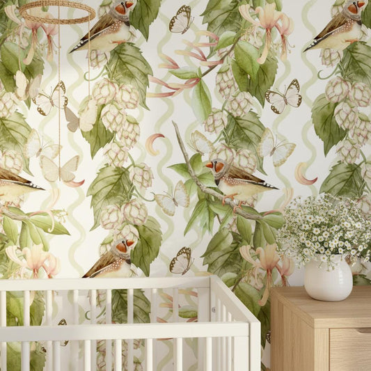 Bird and Butterfly  Wallpaper | English Garden Nursery Wallpaper