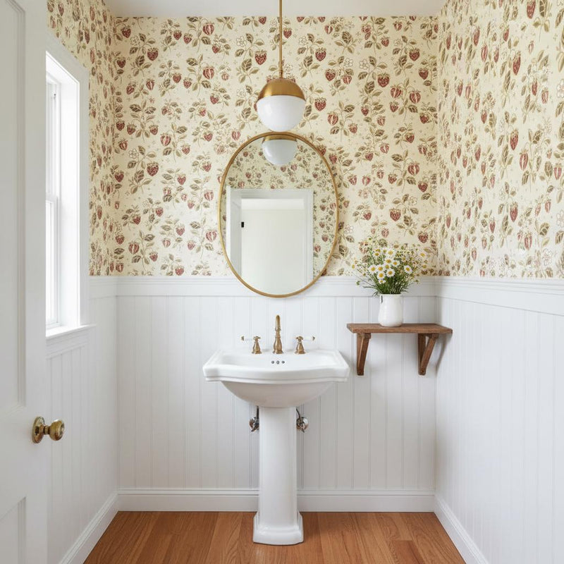 Floral Strawberry Wallpaper Vintage Botanical Farmhouse Accent Wall Mural