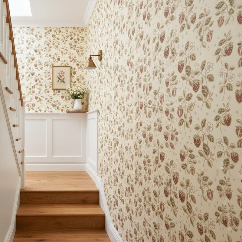 Floral Strawberry Wallpaper Vintage Botanical Farmhouse Accent Wall Mural