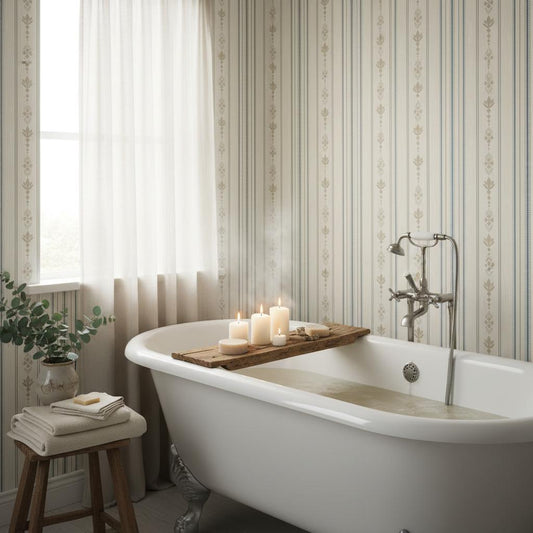 Scandinavian stripe wallpaper | cream taupe blue folk art | nursery bedroom living room | peel and stick wallpaper