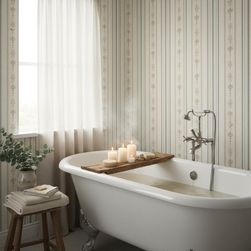Scandinavian stripe wallpaper | cream taupe blue folk art | nursery bedroom living room | peel and stick wallpaper