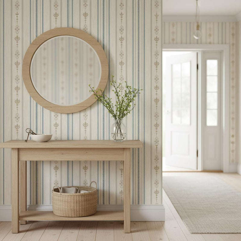 Scandinavian stripe wallpaper | cream taupe blue folk art | nursery bedroom living room | peel and stick wallpaper