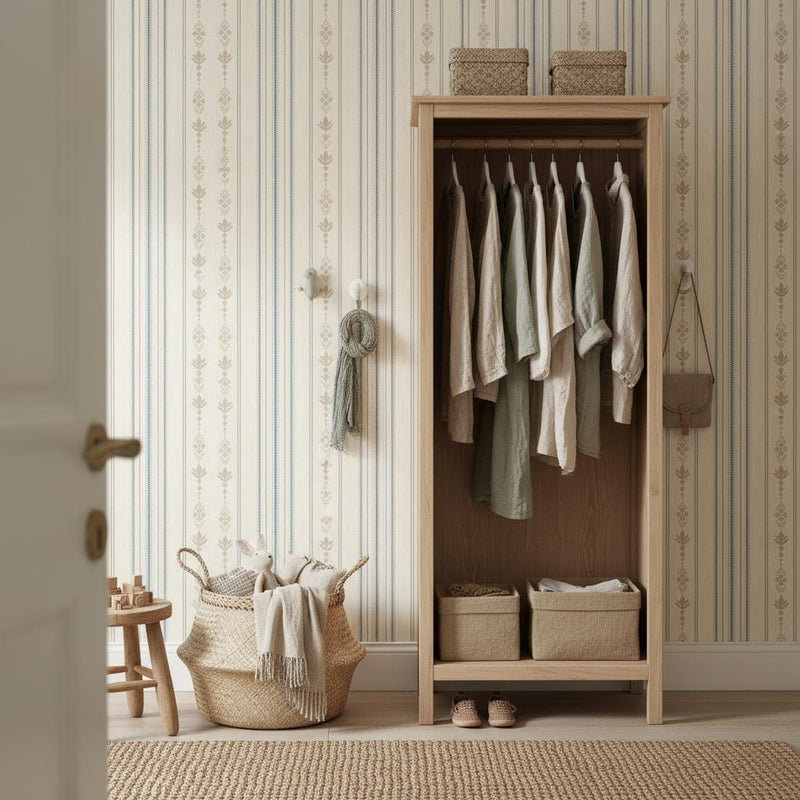 Scandinavian stripe wallpaper | cream taupe blue folk art | nursery bedroom living room | peel and stick wallpaper