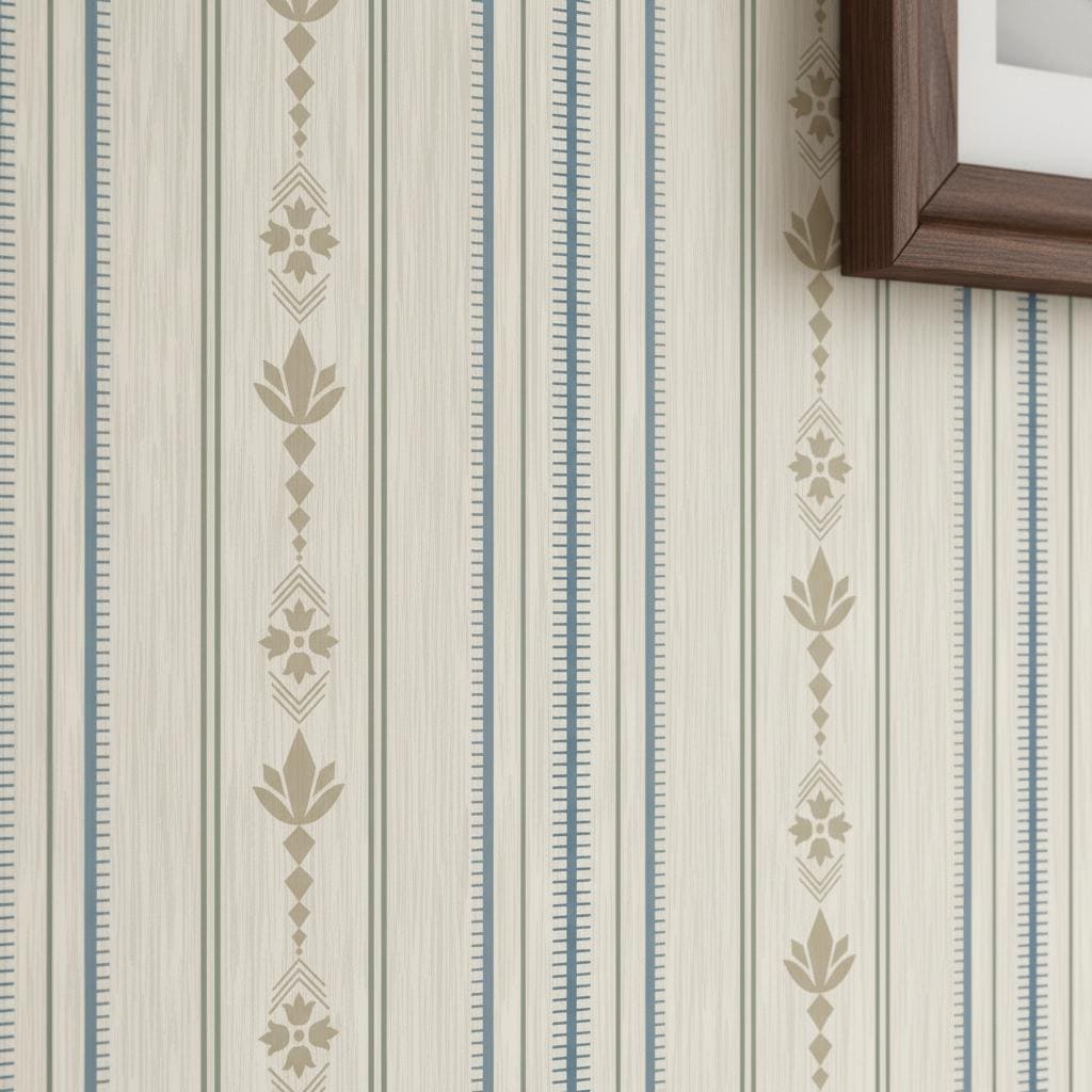 Scandinavian stripe wallpaper | cream taupe blue folk art | nursery bedroom living room | peel and stick wallpaper