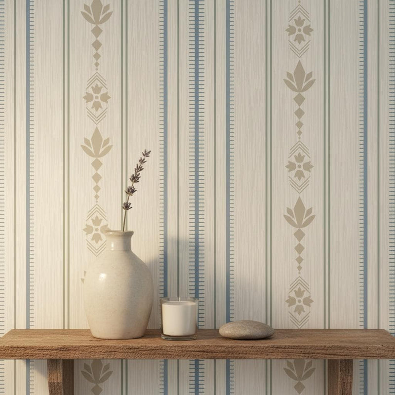 Scandinavian stripe wallpaper | cream taupe blue folk art | nursery bedroom living room | peel and stick wallpaper