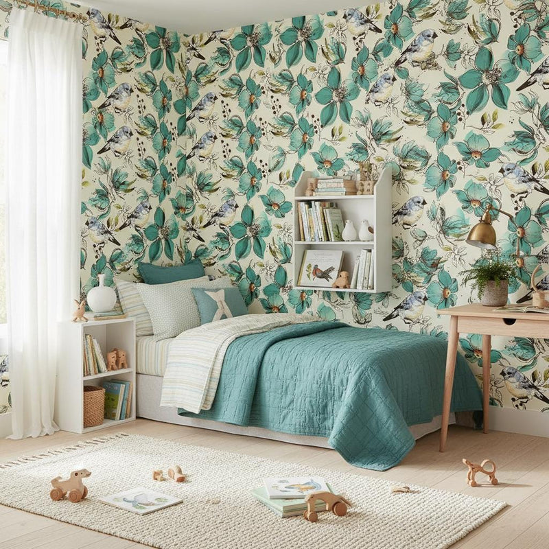 Botanical birds wallpaper | teal cream floral | nursery bedroom living room | peel and stick removable wallpaper