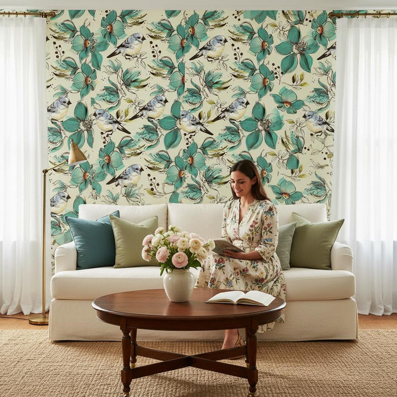 Botanical birds wallpaper | teal cream floral | nursery bedroom living room | peel and stick removable wallpaper