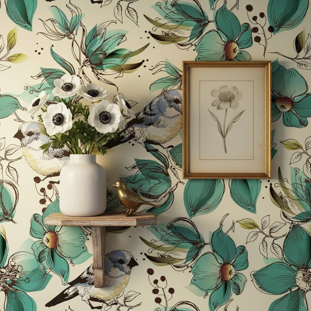 Botanical birds wallpaper | teal cream floral | nursery bedroom living room | peel and stick removable wallpaper