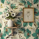 Botanical birds wallpaper | teal cream floral | nursery bedroom living room | peel and stick removable wallpaper