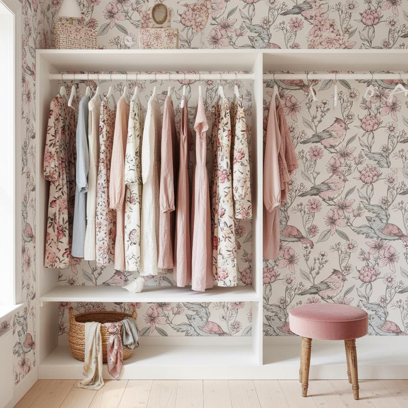 Pink birds floral wallpaper | blush botanical cherry blossom | nursery bedroom bathroom | peel and stick wallpaper