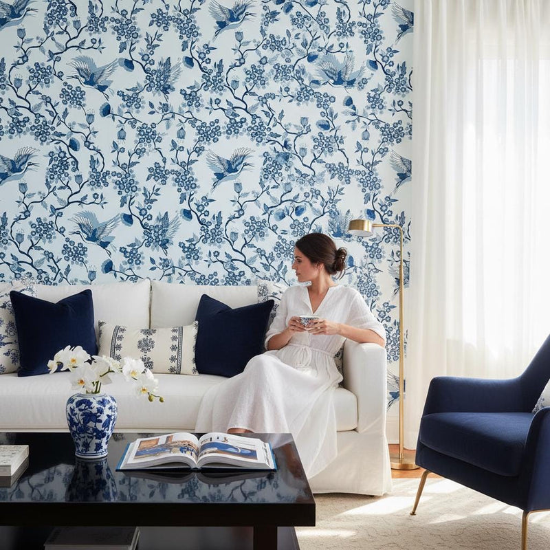 Chinoiserie crane wallpaper | navy blue botanical | bedroom living room bathroom | peel and stick removable wallpaper