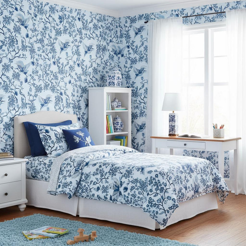 Chinoiserie crane wallpaper | navy blue botanical | bedroom living room bathroom | peel and stick removable wallpaper