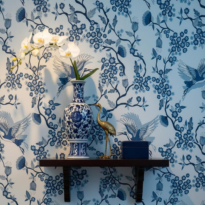 Chinoiserie crane wallpaper | navy blue botanical | bedroom living room bathroom | peel and stick removable wallpaper