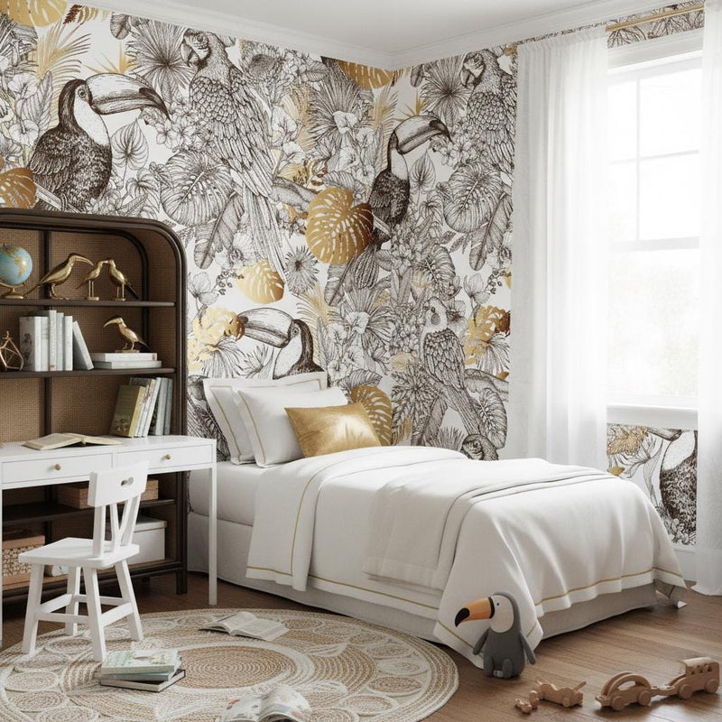 Tropical birds wallpaper | black white gold toucan parrot | living room bedroom office | peel and stick removable wallpaper
