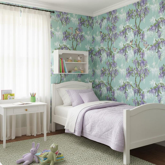 Wisteria birds wallpaper | sage blue purple botanical | nursery bedroom living room | peel and stick removable wallpaper