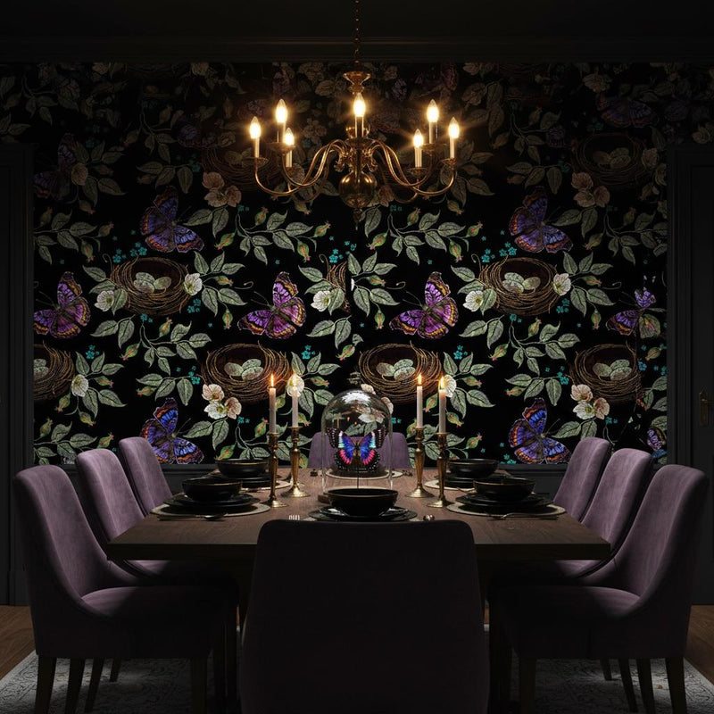 Dark butterfly wallpaper | black embroidery nest botanical | bedroom living room bathroom | peel and stick wallpaper