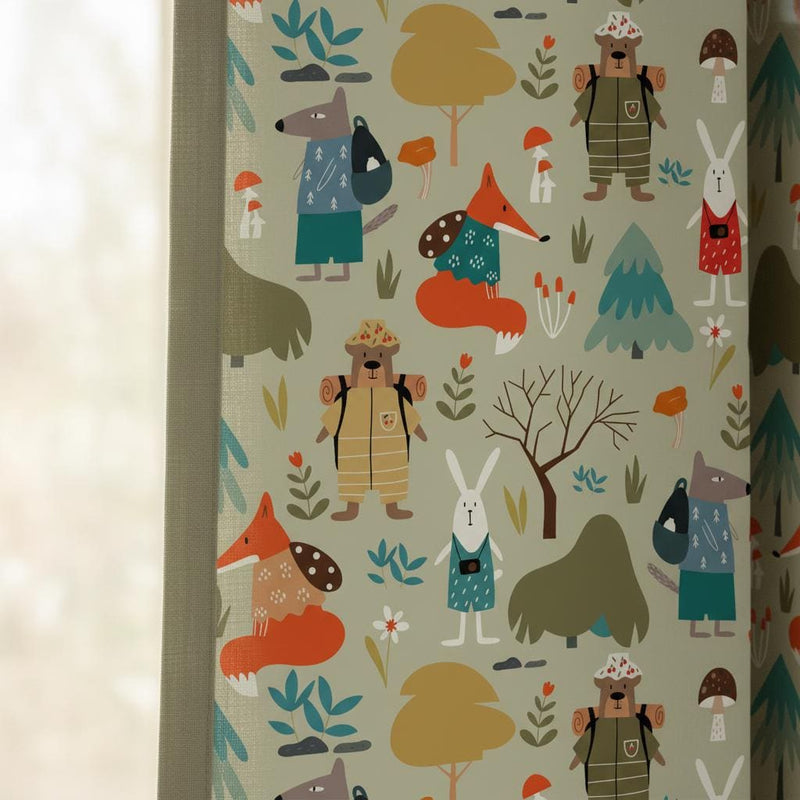 Forest animals wallpaper | sage green woodland bear fox rabbit | nursery bedroom playroom | peel and stick removable wallpaper