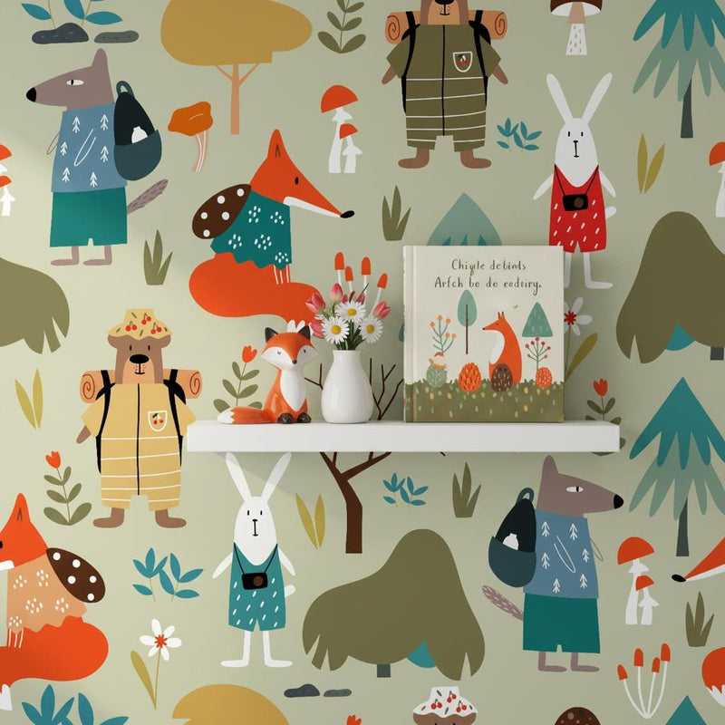 Forest animals wallpaper | sage green woodland bear fox rabbit | nursery bedroom playroom | peel and stick removable wallpaper