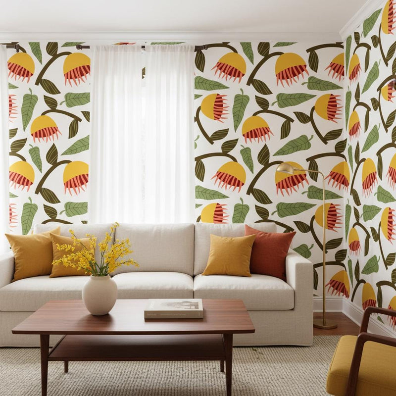 Bold botanical wallpaper | white yellow retro folk flower | living room bedroom bathroom | peel and stick removable wallpaper