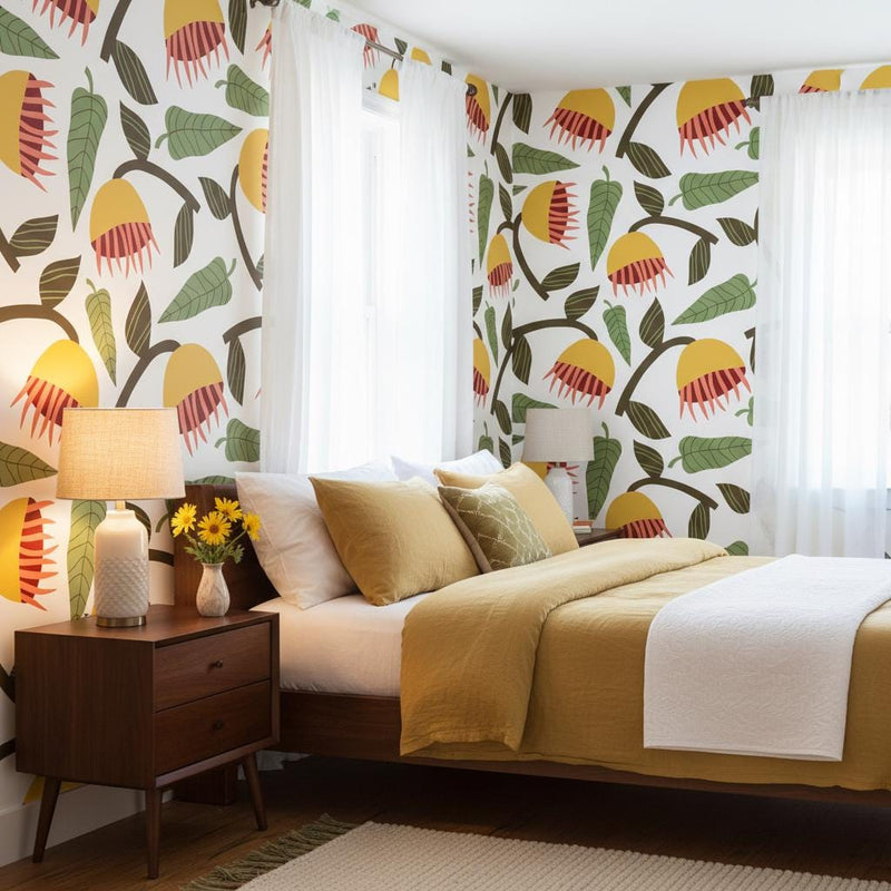 Bold botanical wallpaper | white yellow retro folk flower | living room bedroom bathroom | peel and stick removable wallpaper