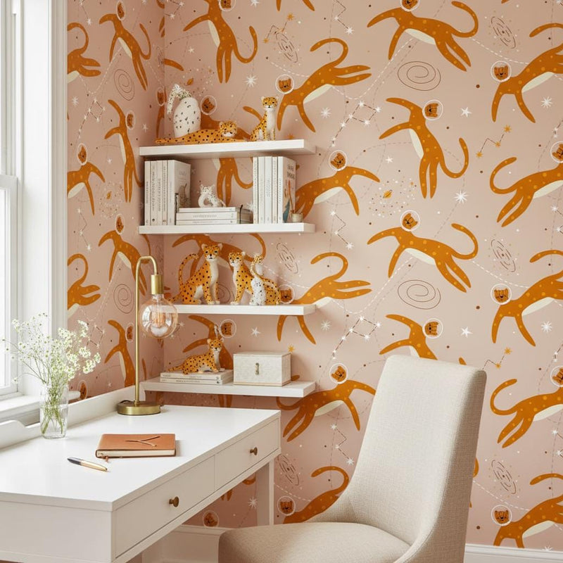Cosmic leopard wallpaper | boho sand space cheetah astronaut | nursery bedroom playroom | peel and stick removable wallpaper