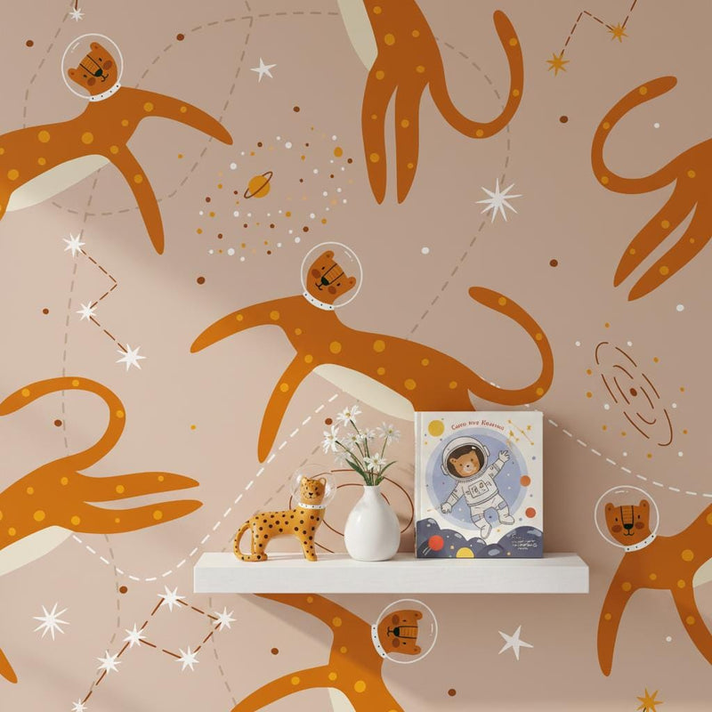 Cosmic leopard wallpaper | boho sand space cheetah astronaut | nursery bedroom playroom | peel and stick removable wallpaper