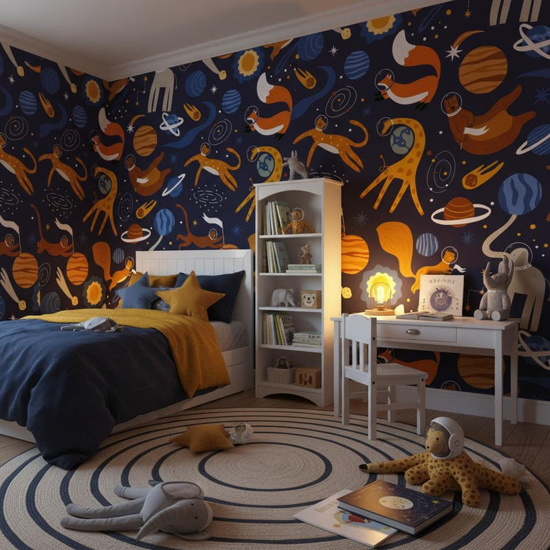 Space animals wallpaper | dark navy elephant giraffe bear kids | nursery bedroom playroom | peel and stick removable wallpaper