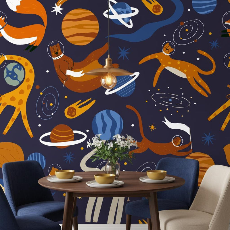Space animals wallpaper | dark navy elephant giraffe bear kids | nursery bedroom playroom | peel and stick removable wallpaper