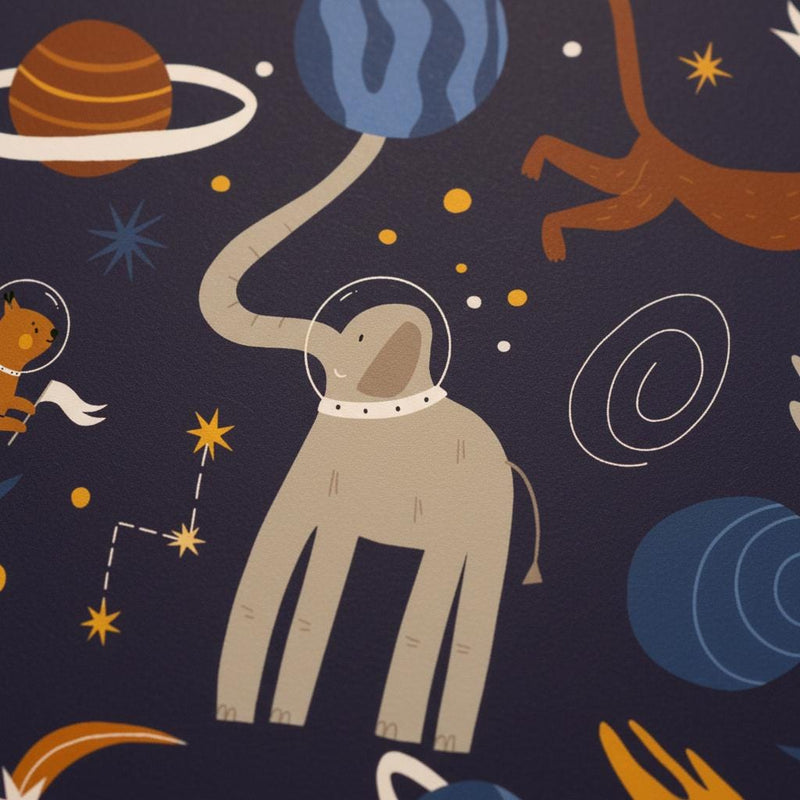 Space animals wallpaper | dark navy elephant giraffe bear kids | nursery bedroom playroom | peel and stick removable wallpaper