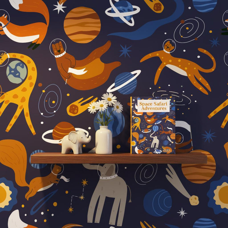 Space animals wallpaper | dark navy elephant giraffe bear kids | nursery bedroom playroom | peel and stick removable wallpaper