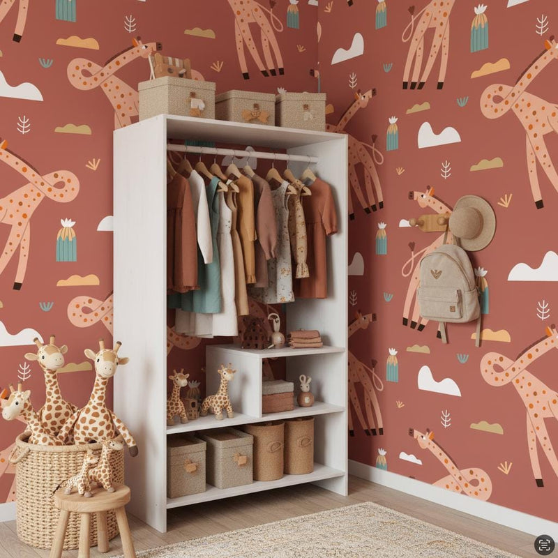 Giraffe wallpaper | terracotta boho safari desert cactus kids | nursery bedroom playroom | peel and stick removable wallpaper