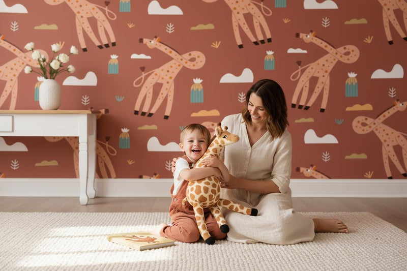 Giraffe wallpaper | terracotta boho safari desert cactus kids | nursery bedroom playroom | peel and stick removable wallpaper