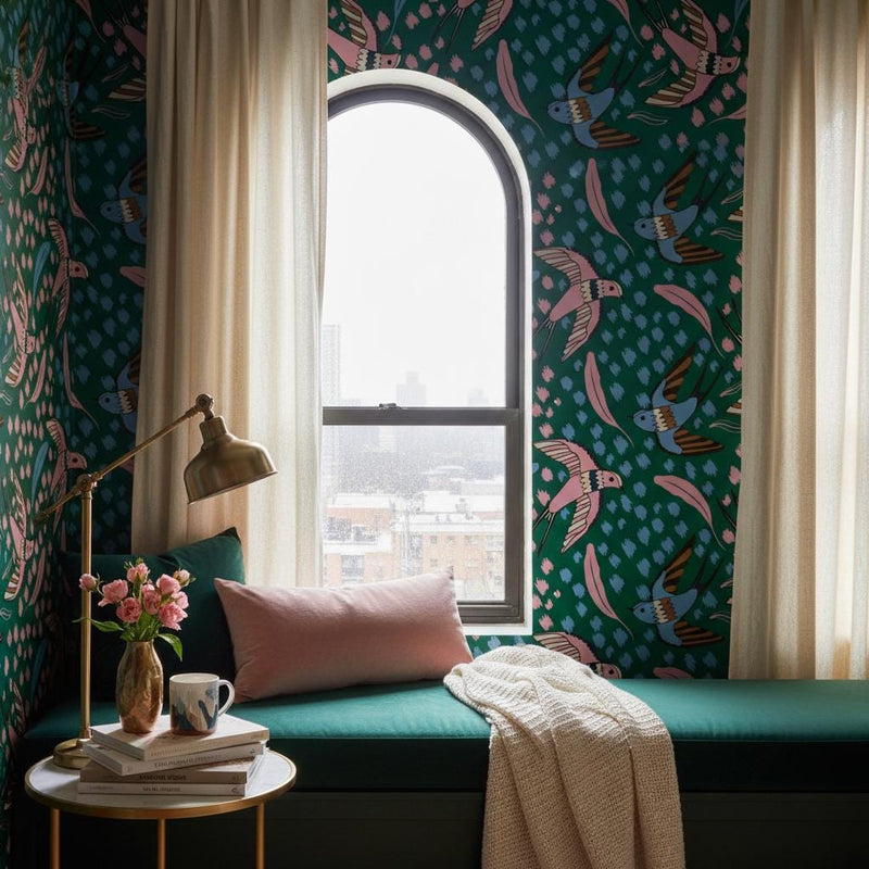 Emerald swallow wallpaper | dark green pink bird feather jewel | living room bedroom bathroom | peel and stick removable wallpaper