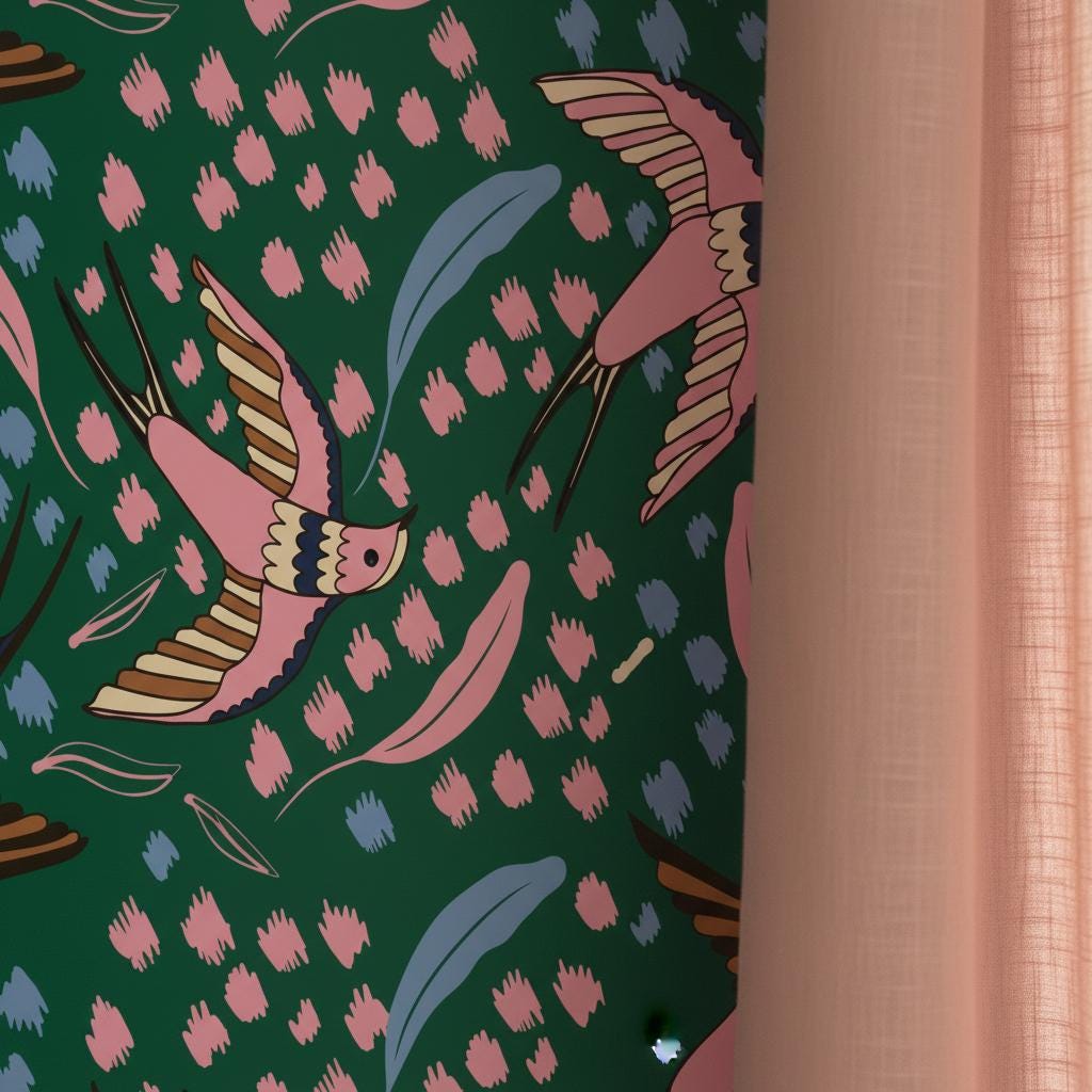 Emerald swallow wallpaper | dark green pink bird feather jewel | living room bedroom bathroom | peel and stick removable wallpaper