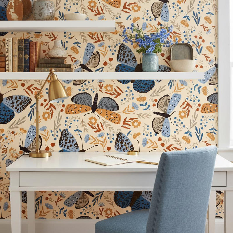 Butterfly moth wallpaper | cream blue rust folk botanical floral | living room bedroom bathroom | peel and stick removable wallpaper