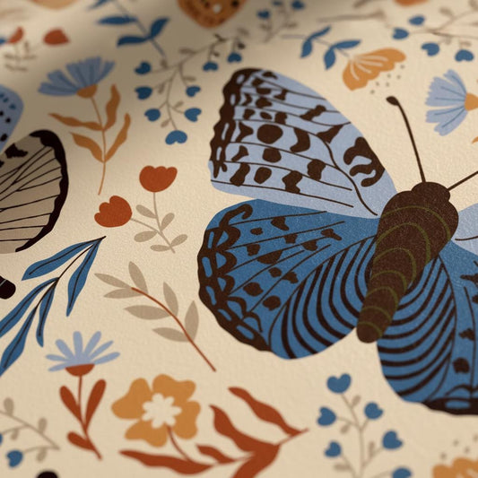 Butterfly moth wallpaper | cream blue rust folk botanical floral | living room bedroom bathroom | peel and stick removable wallpaper