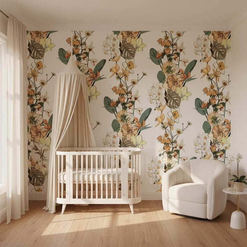 Botanical floral wallpaper peel and stick | luxury orchid rose ochre | bedroom living room | removable mural