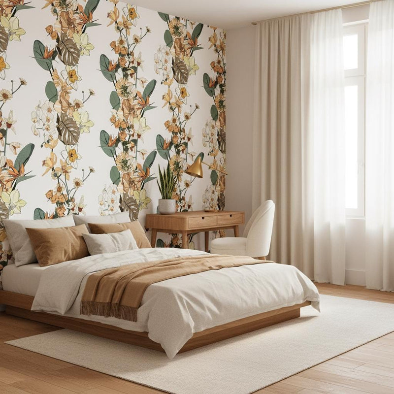 Botanical floral wallpaper peel and stick | luxury orchid rose ochre | bedroom living room | removable mural