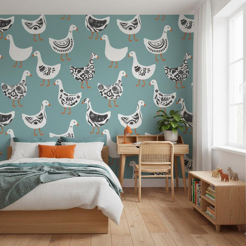 Folk art geese wallpaper peel and stick | Scandi teal white bird | nursery living room | removable wall mural