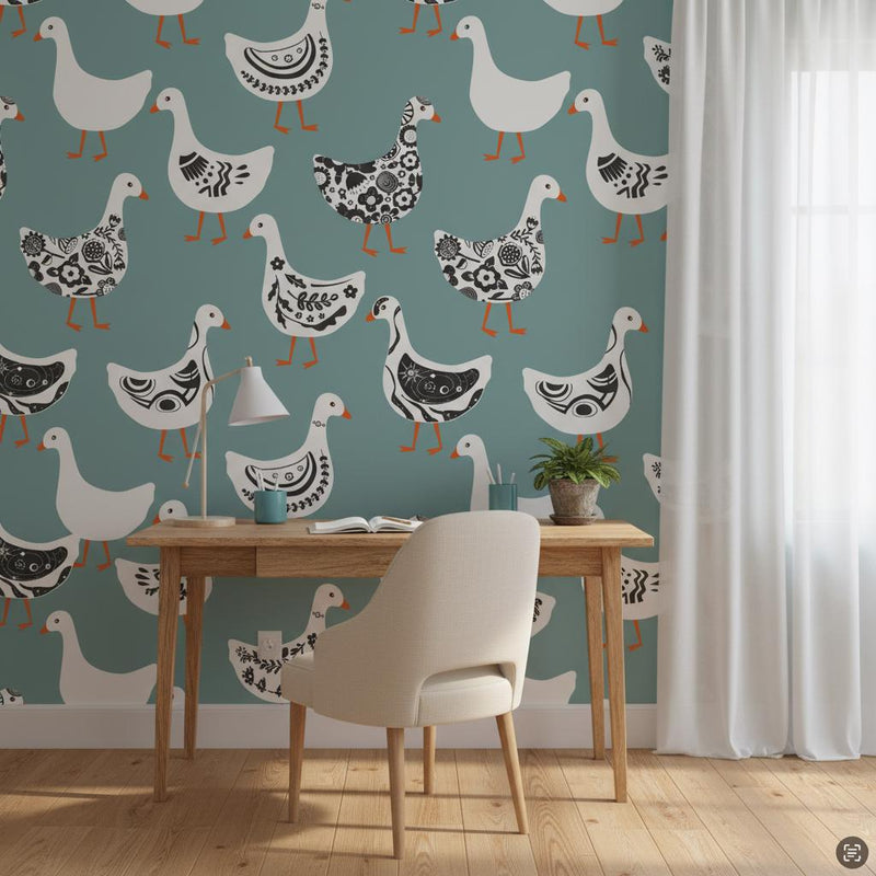 Folk art geese wallpaper peel and stick | Scandi teal white bird | nursery living room | removable wall mural