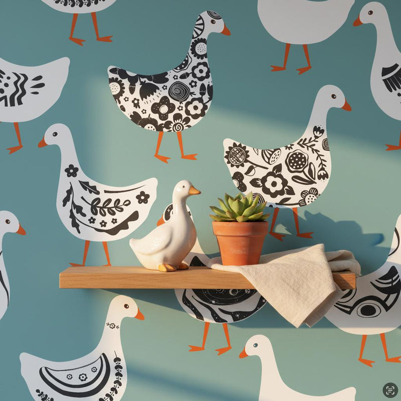 Folk art geese wallpaper peel and stick | Scandi teal white bird | nursery living room | removable wall mural