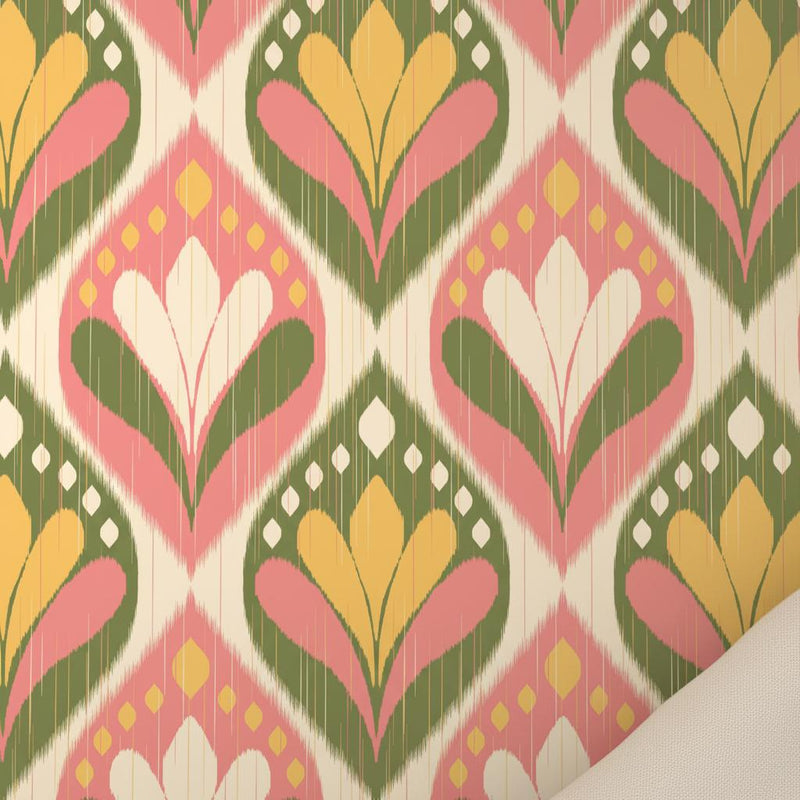 Ikat wallpaper peel and stick | boho pink olive green gold | living room bedroom | removable wall mural