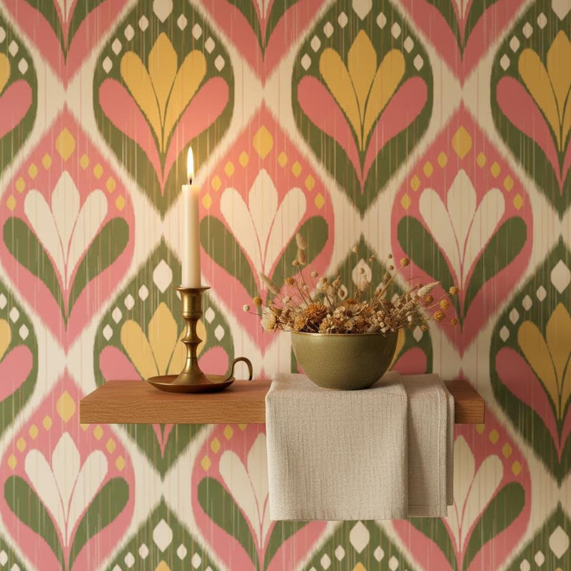 Ikat wallpaper peel and stick | boho pink olive green gold | living room bedroom | removable wall mural