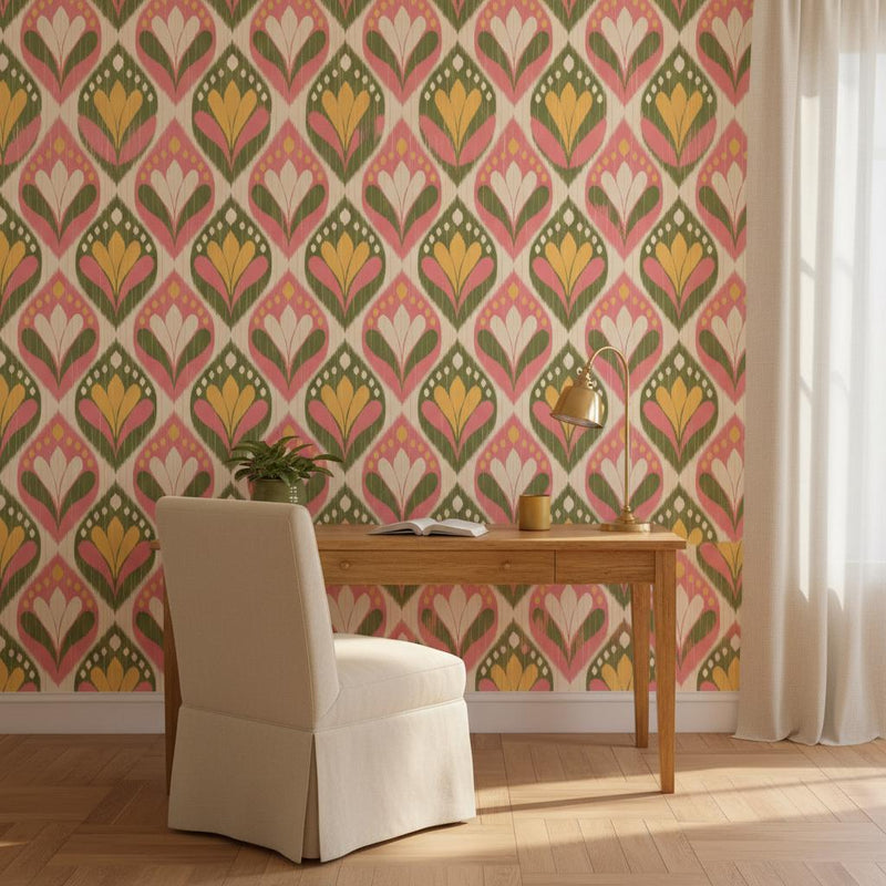Ikat wallpaper peel and stick | boho pink olive green gold | living room bedroom | removable wall mural