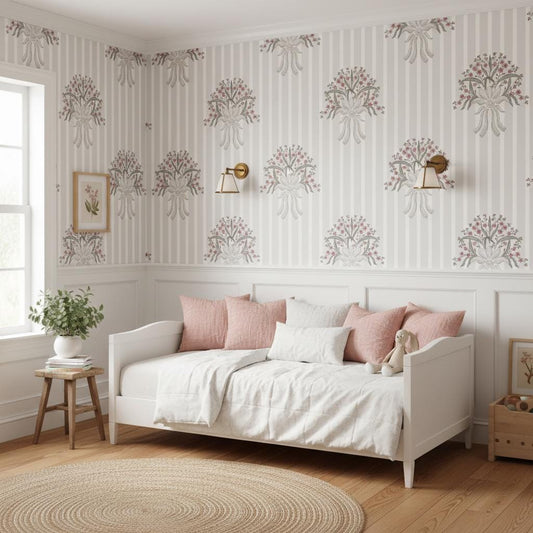 Peel and Stick Baroque Floral Wallpaper | Greige Striped Wall Mural