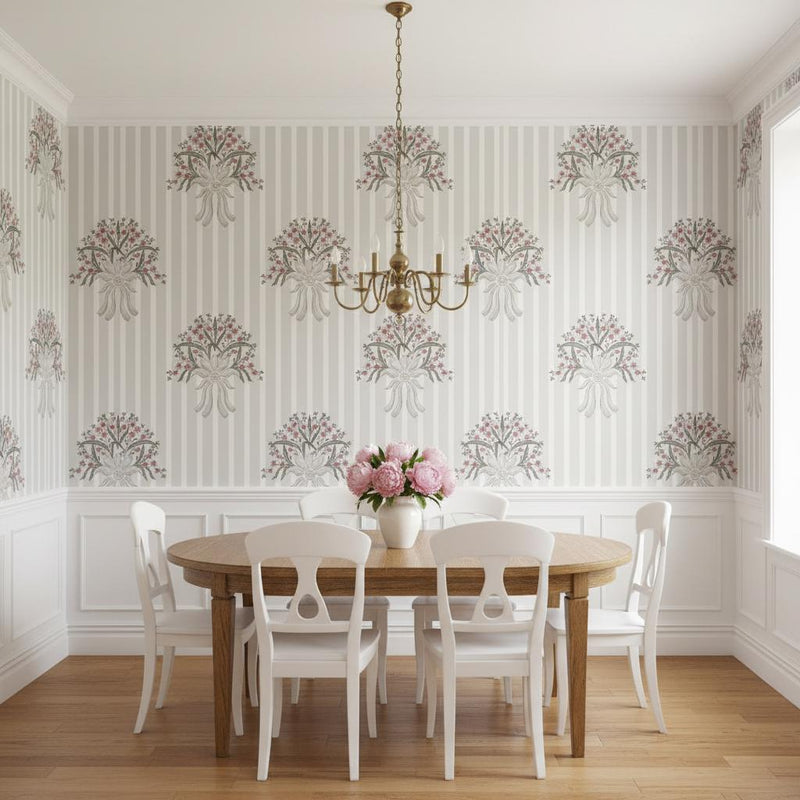 Peel and Stick Baroque Floral Wallpaper | Greige Striped Wall Mural