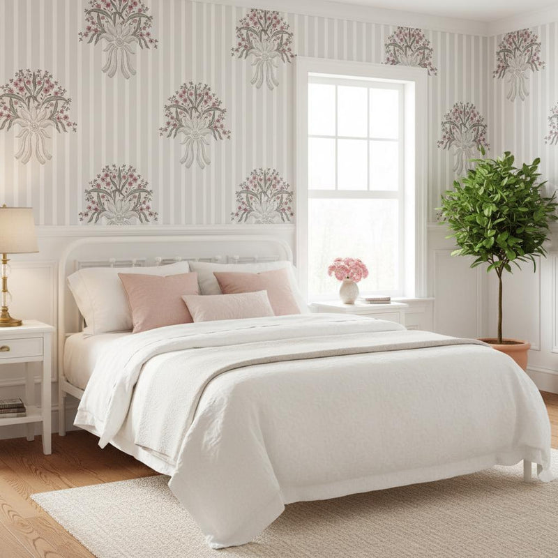 Peel and Stick Baroque Floral Wallpaper | Greige Striped Wall Mural