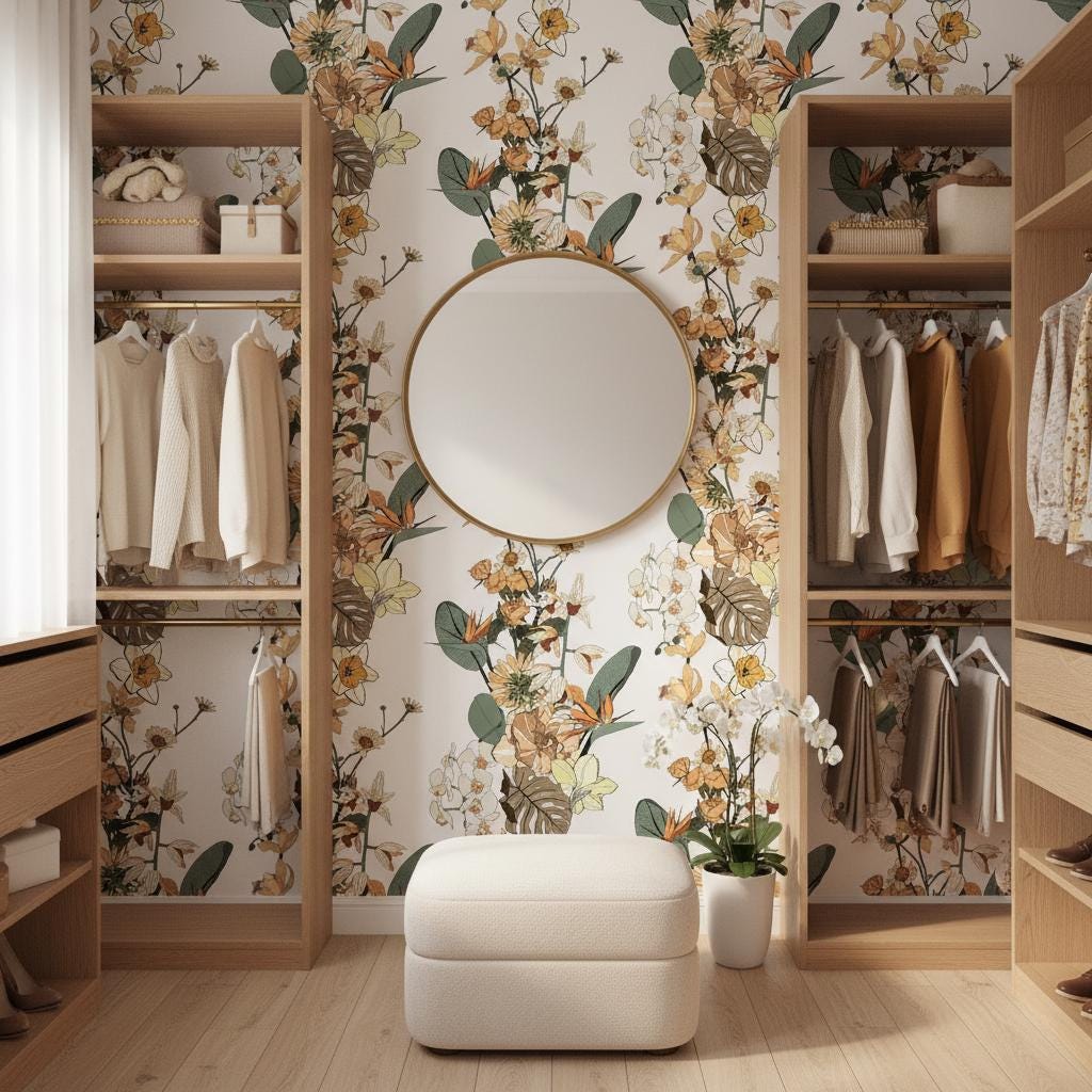 Botanical floral wallpaper peel and stick | luxury orchid rose ochre | bedroom living room | removable mural